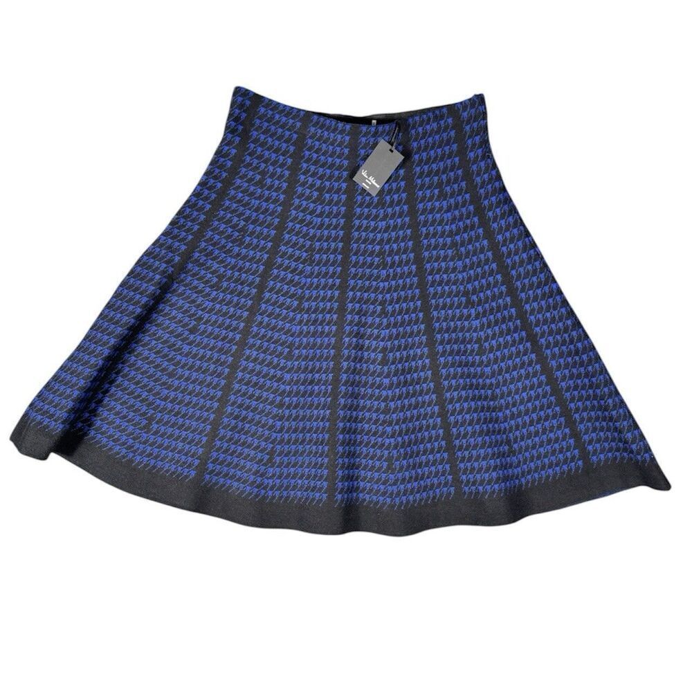 Vila Milano Sz PM Women Black Royal Blue Knit Pull-On Skirt Plaid Houndstooth